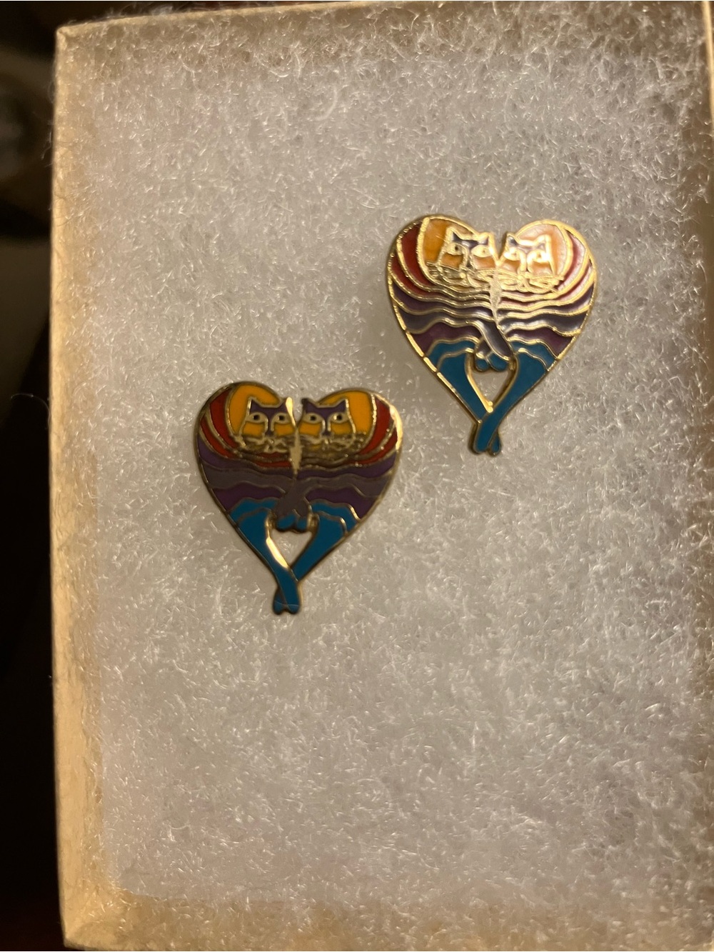 Cat Heart-Vintage Laurel Burch Signed Heart Shaped Cat Enamel Earrings